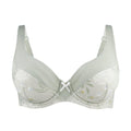 Front view of light green floral underwired full cup bra with white X center