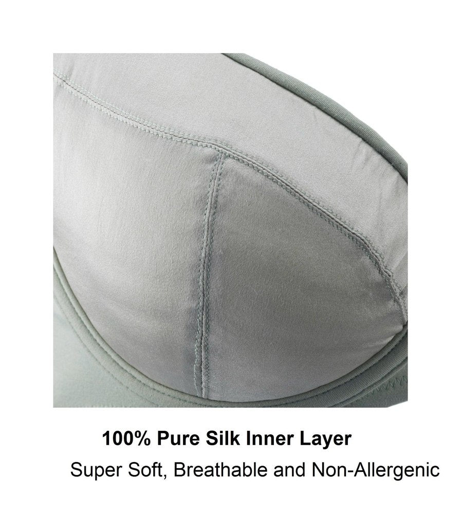 Close-up of 100% pure silk inner lining on light green underwired bra cup