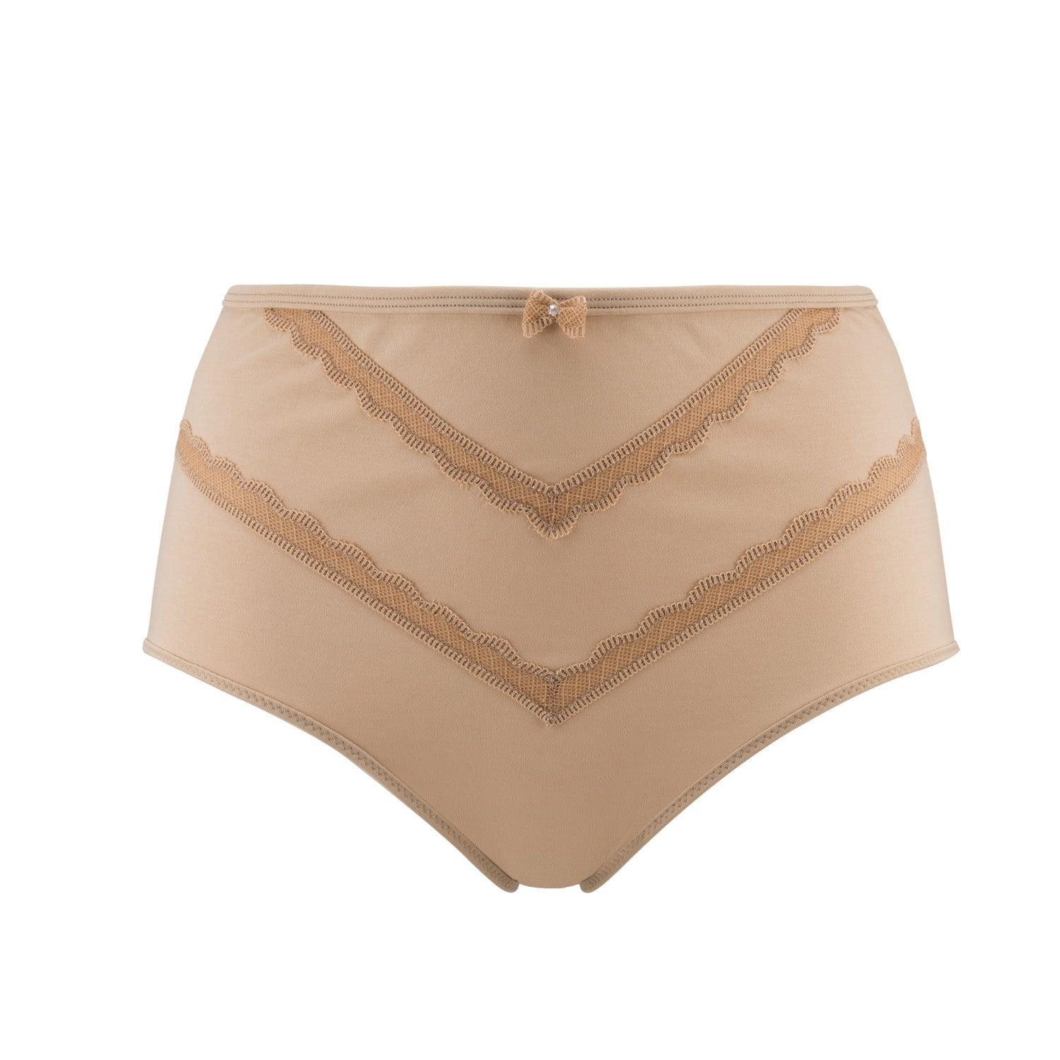 Beige high-waisted underwear with lace details on a white background