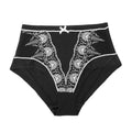 Black underwear with white lace detailing on a white background