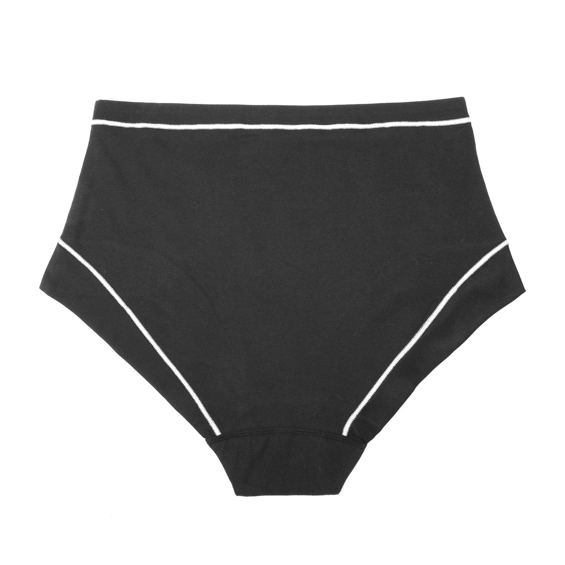 Black high-waisted underwear with white trim on a white background