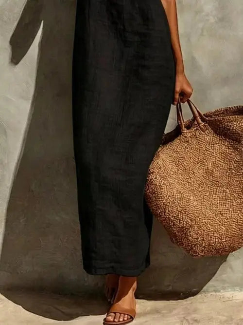 Black sleeveless linen blend maxi dress with square neckline and loose fit