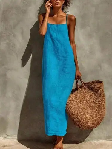Turquoise blue spaghetti strap maxi dress with textured linen look fabric