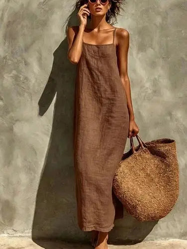 Taupe brown square neck maxi dress with relaxed silhouette and woven fabric