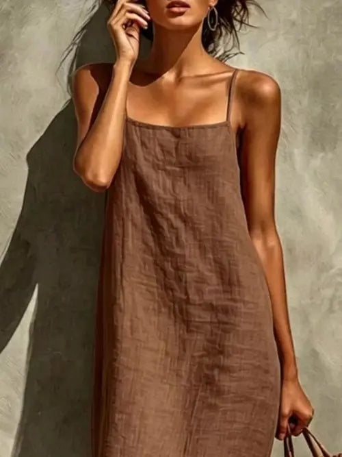 Muted brown taupe sleeveless maxi dress with simple straight silhouette