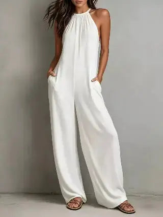 White sleeveless wide leg jumpsuit front view with side pockets