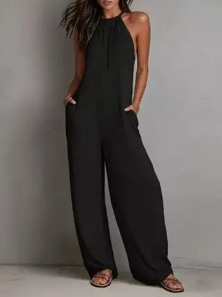 Black sleeveless wide leg jumpsuit front view with side pockets