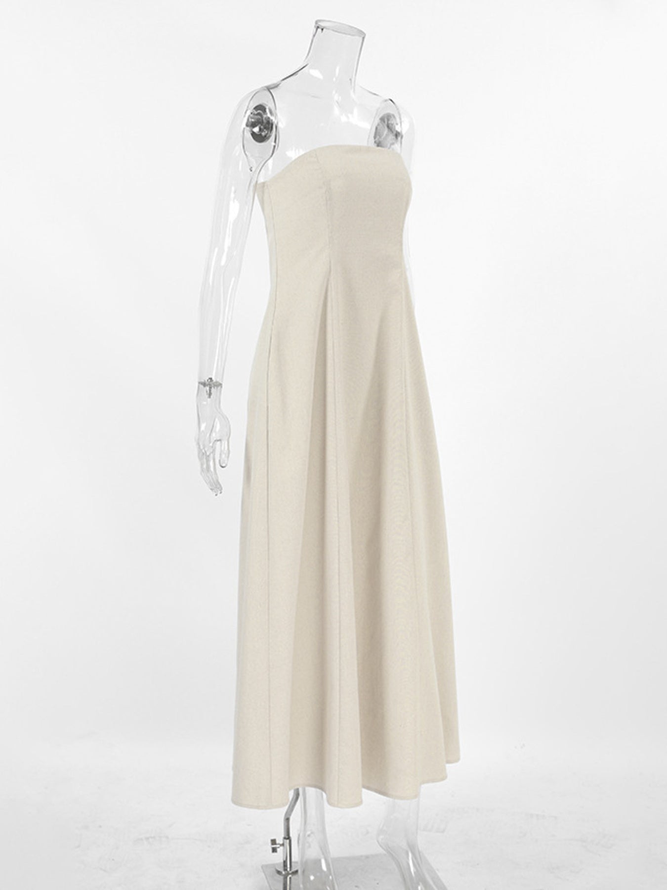 Smocked Back Tube Dress - Salty Season LLC Beige strapless dress on a mannequin against a white background