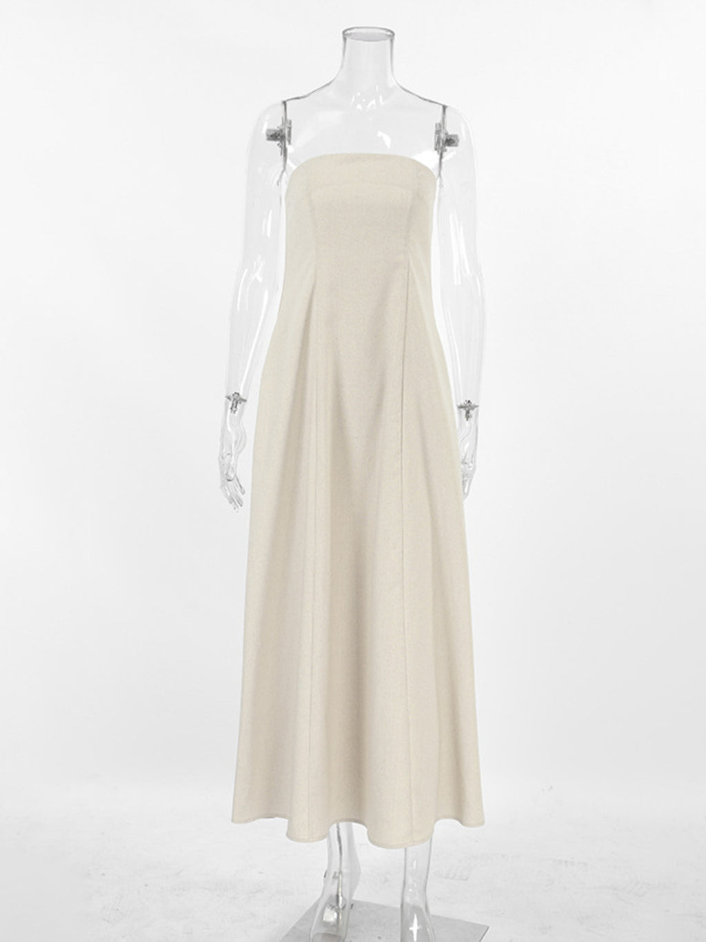 Smocked Back Tube Dress - Salty Season LLC Beige strapless dress on a mannequin against a white background