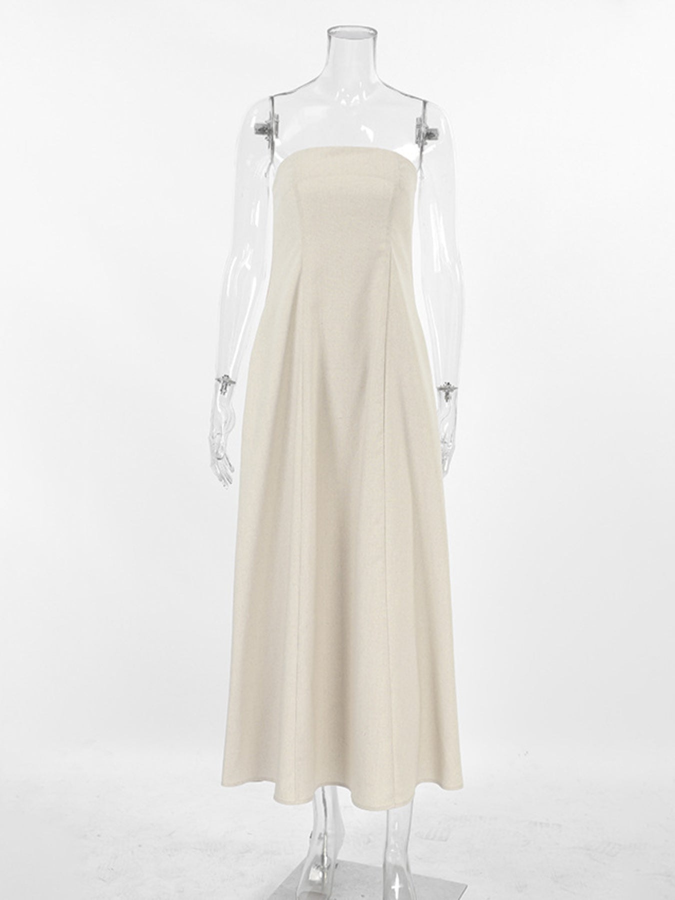 Smocked Back Tube Dress - Salty Season LLC Beige strapless dress on a mannequin against a white background