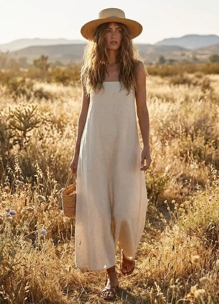 Smocked Back Tube Dress - Salty Season LLC Woman in a white dress and straw hat standing in a sunlit field with mountains in the background