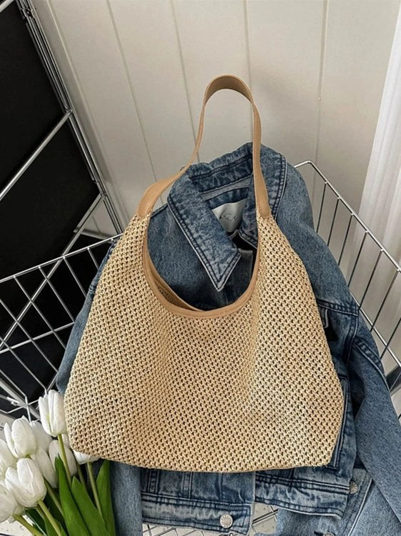 Woven Straw Shoulder Bag on floor