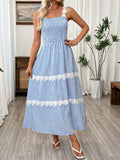 Striped Smocked Lace Trim Midi Dress - Salty Season LLC