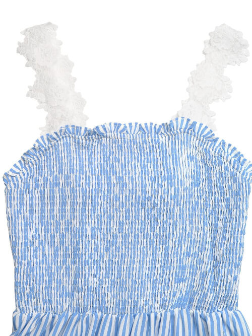 Blue and white striped dress with ruffled straps on a white background