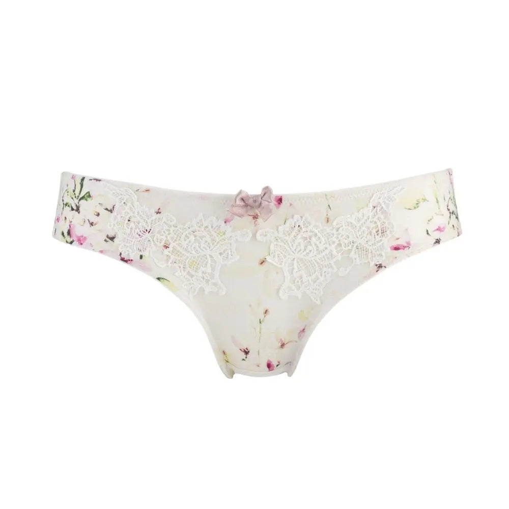 White floral briefs with lace waistband and pink bow detail