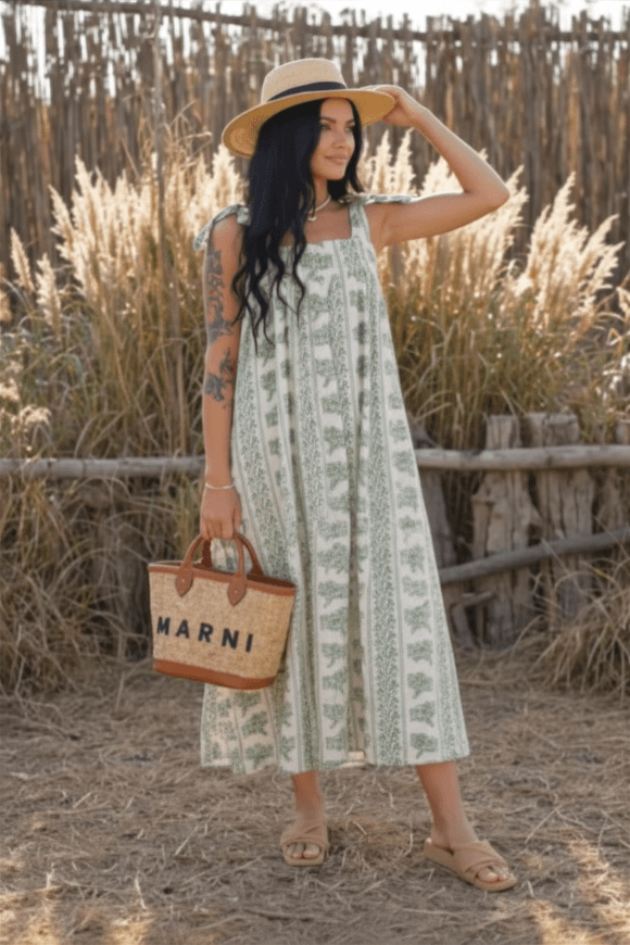 Woman in a patterned dress and straw hat standing in a natural setting with a wooden fence and tall grass.