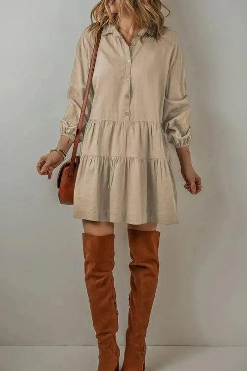 Tiered Collared Neck Balloon Sleeve Dress - Salty Season LLC