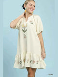 Umgee ecru floral embroidered baby-doll dress with puff sleeves and V-neck