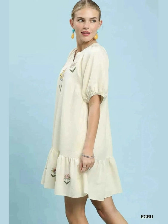 Side view of Umgee dropped waist baby-doll dress showing flared silhouette