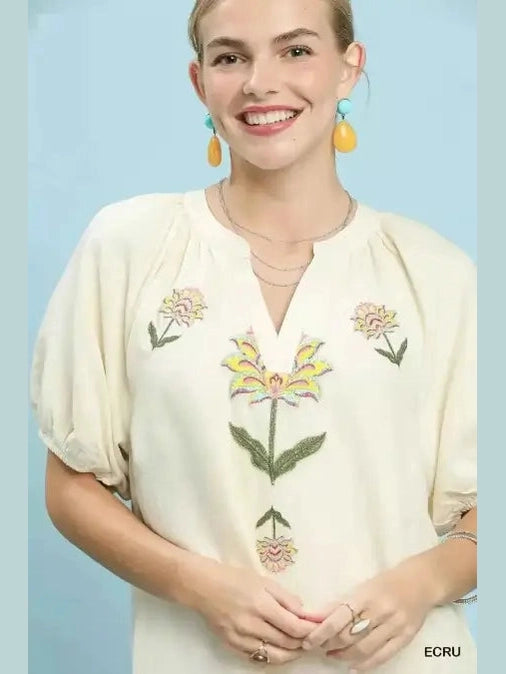 Close-up of yellow pink and green floral embroidery on ecru baby-doll dress