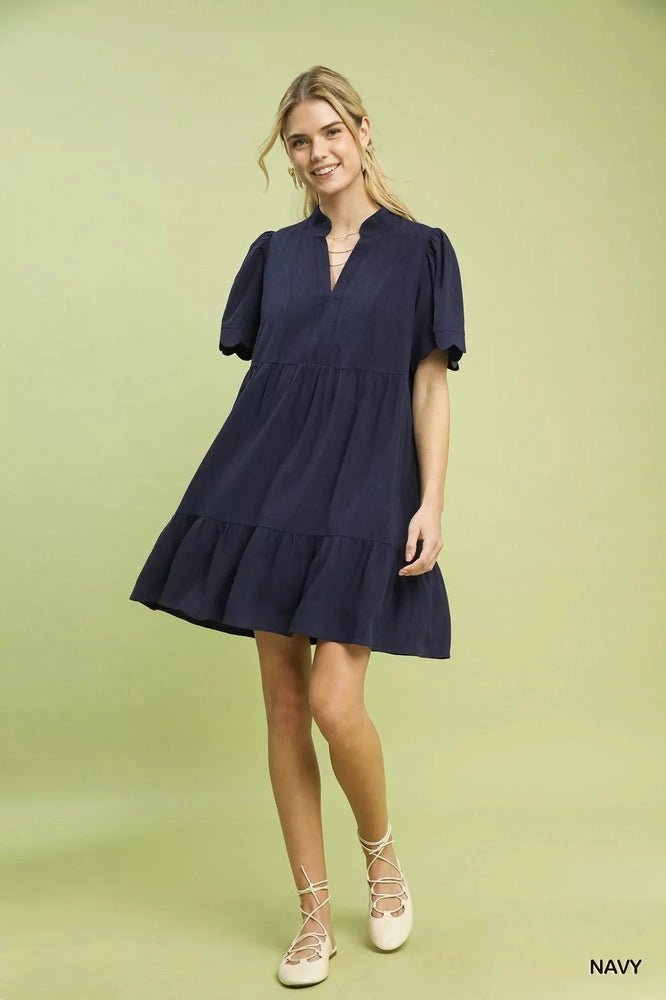 Umgee Linen Tiered Babydoll Dress with Scalloped Sleeves - Salty Season LLC