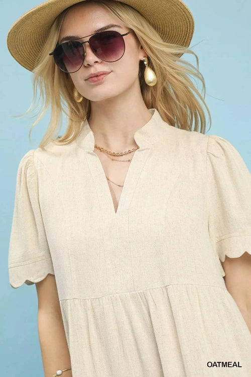 Umgee Linen Tiered Babydoll Dress with Scalloped Sleeves - Salty Season LLC blue background