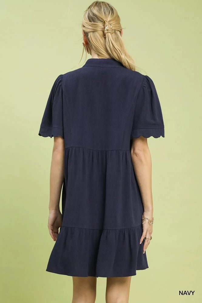 Umgee Linen Tiered Babydoll Dress with Scalloped Sleeves - Salty Season LLC