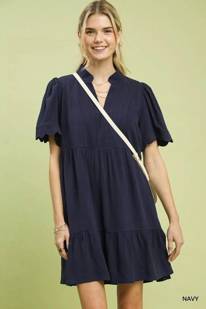 Umgee Linen Tiered Babydoll Dress with Scalloped Sleeves - Salty Season LLC