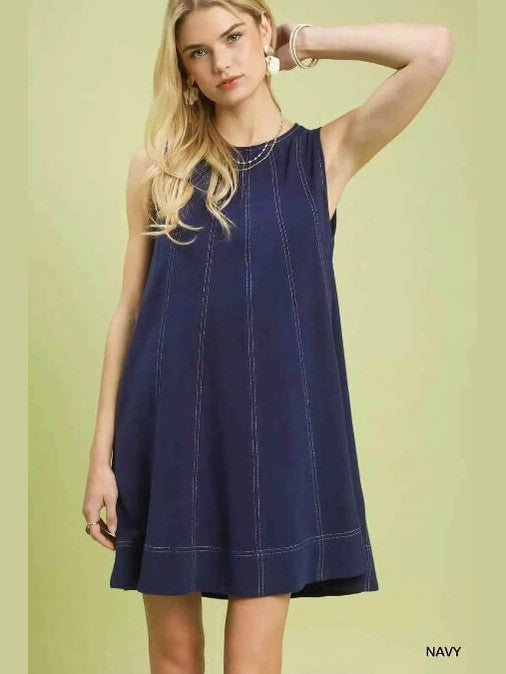 Navy Umgee linen sleeveless swing dress with white stitching