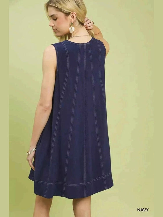 Back view navy linen sleeveless swing dress rounded neckline