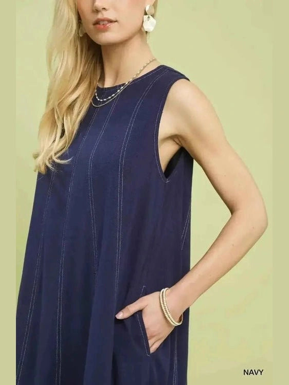 Navy linen swing dress side pocket and vertical stitch detail