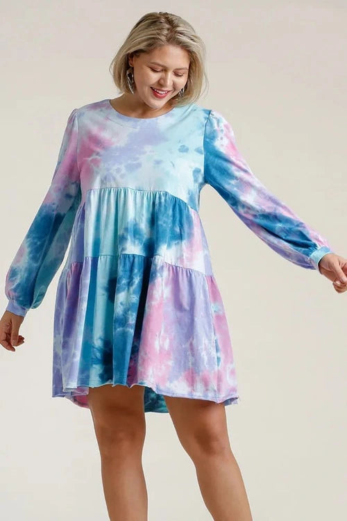 Umgee Full Size Tie Dye Round Neck Long Sleeve Babydoll Tiered Dress Plus Size - Salty Season LLC