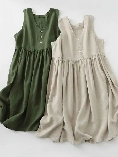 V-Neck Button Detail Sleeveless Midi Dress