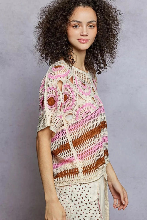 Weave Pattern Short Sleeve Crochet Top with Border Accents - Salty Season LLC