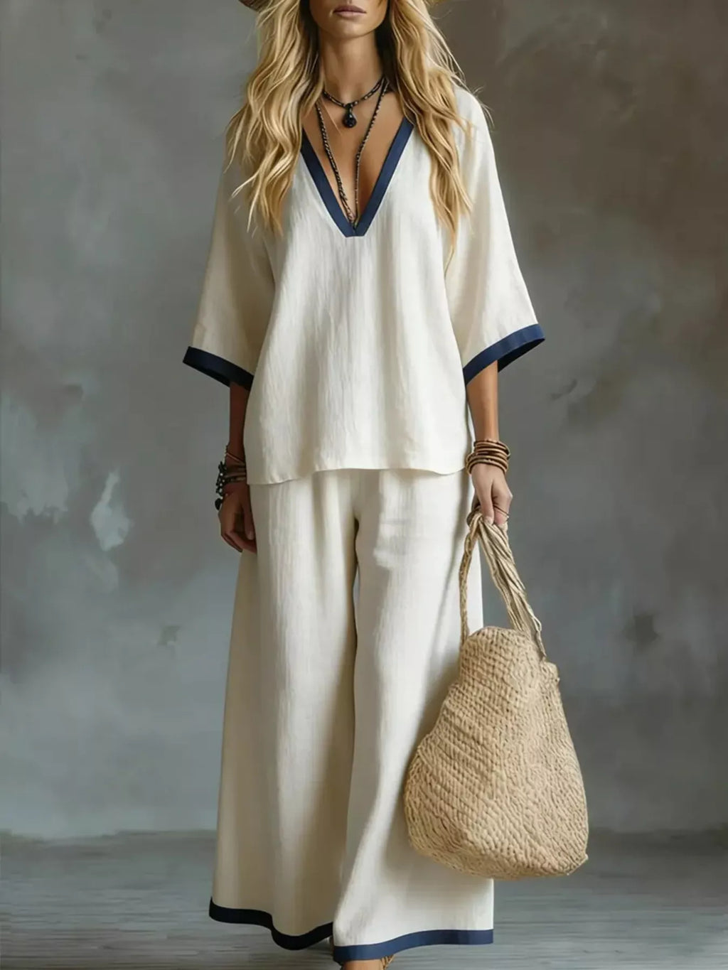 Woman in a white outfit with blue trim holding a woven bag against a gray background