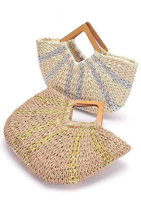 Two woven bags with wooden handles on a white background