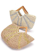 Two woven bags with wooden handles on a white background