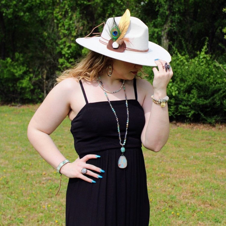 Woven Amazonite stacked stone bracelet on model with boho western style
