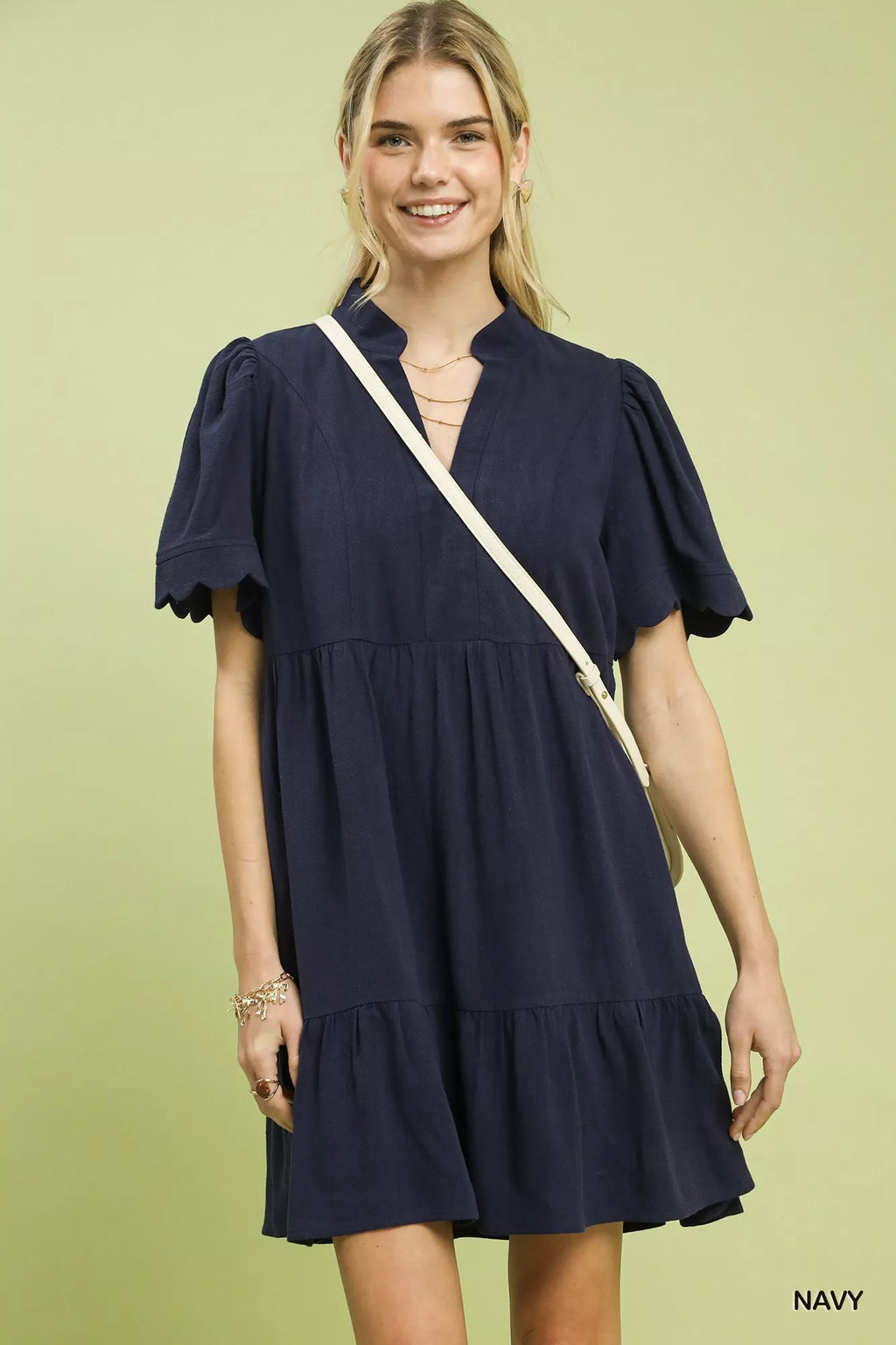 Umgee Linen Tiered Babydoll Dress with Scalloped Sleeves - Salty Season LLC