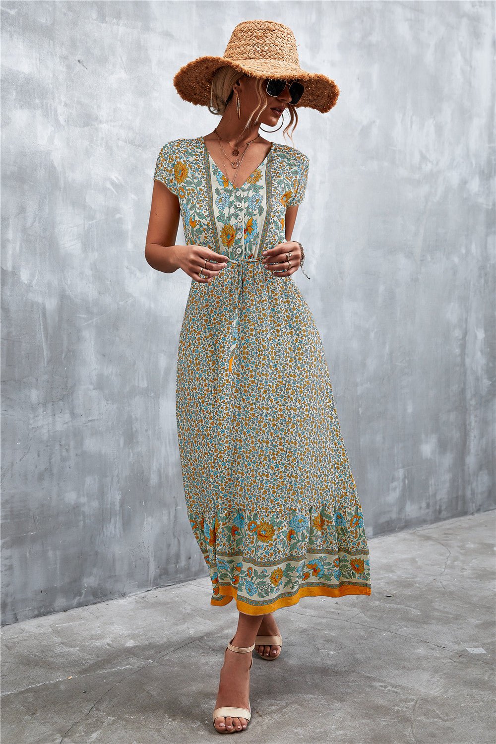 V-Neck Short Sleeve Printed Maxi Dress - Salty Season LLC