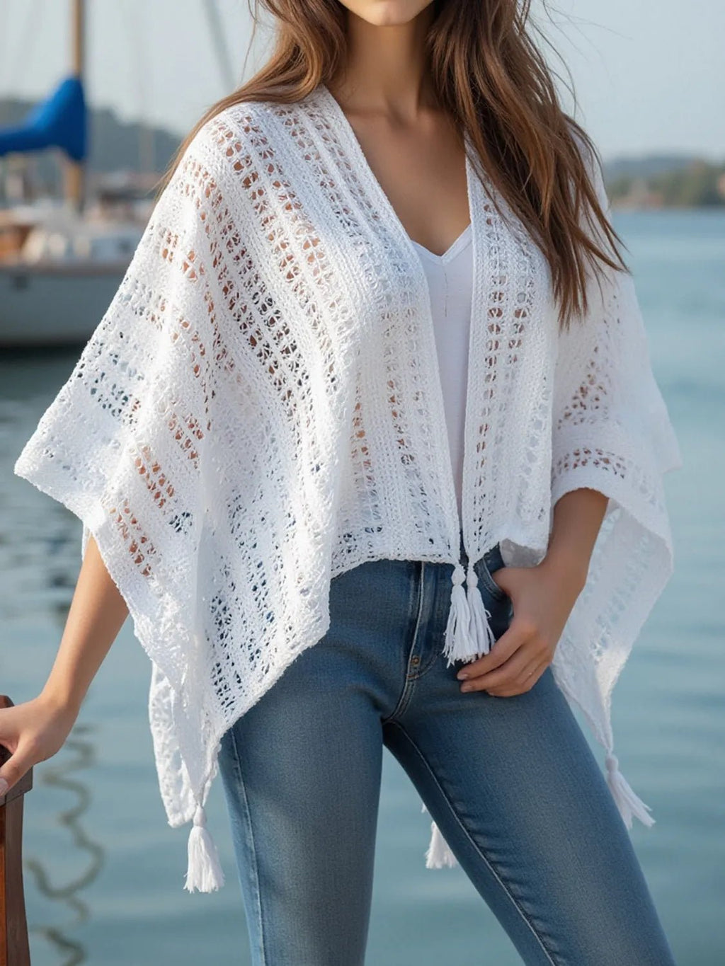 Openwork Tassel Open Front Knit Cover Up - Salty Season LLC