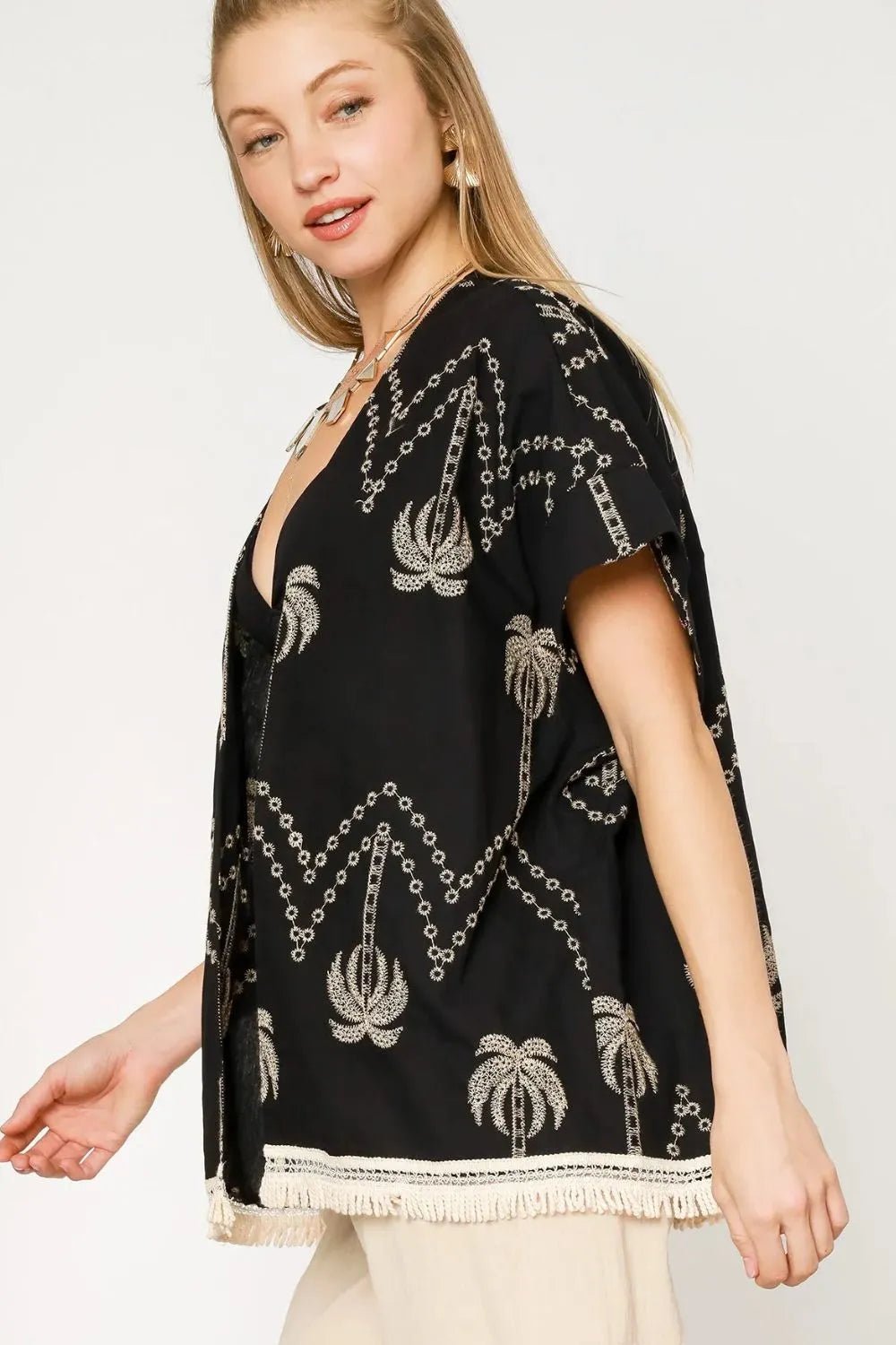 Umgee Open Front Embroidered Fringe Kimono - Salty Season LLC