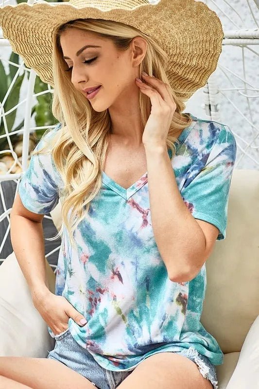 BiBi Tie Dye Terry V Neck Top - Salty Season LLC