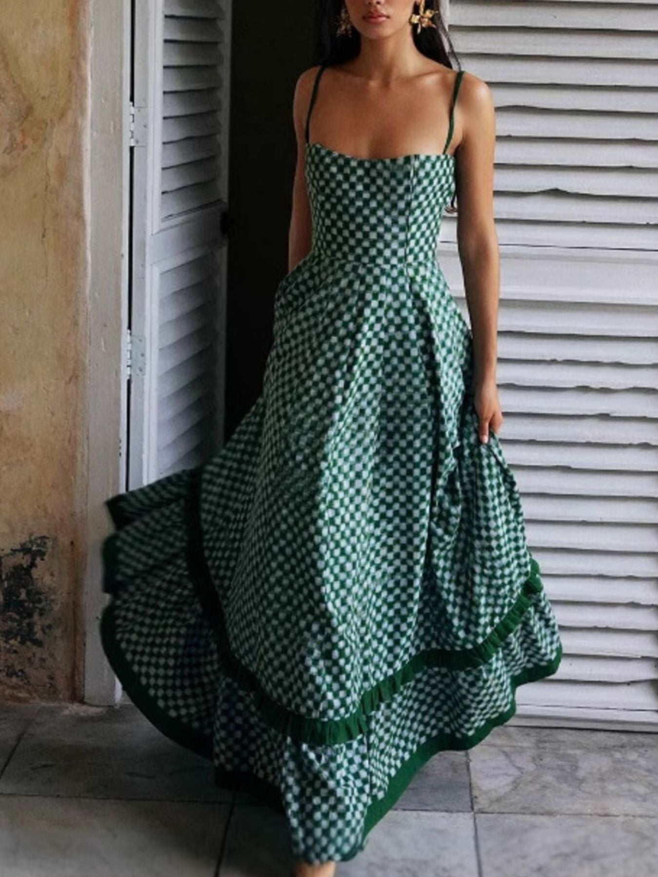 Checkered Spaghetti Strap Maxi Dress - Salty Season LLC