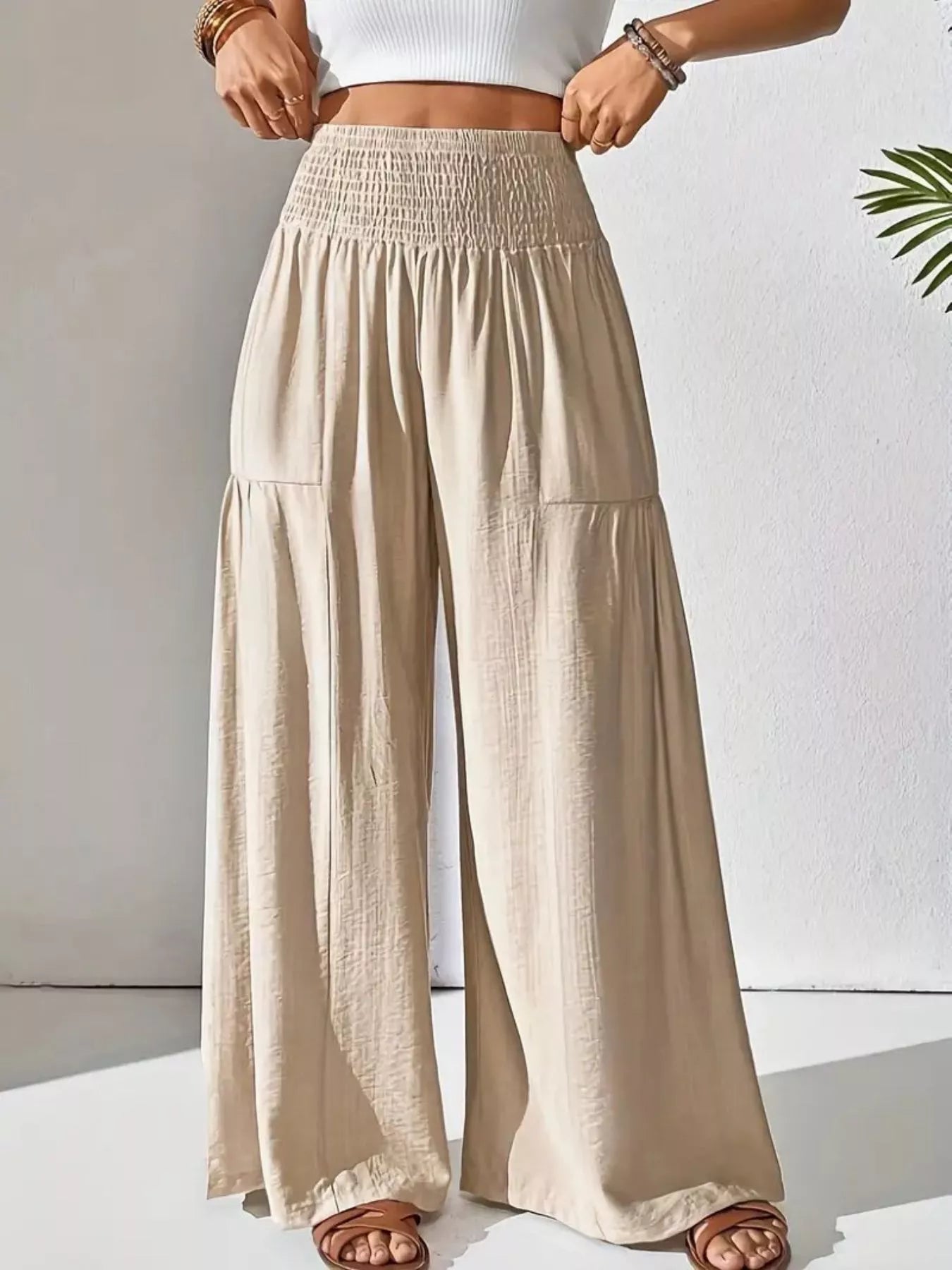 Beige Smocked Waist Wide Leg Pants - Salty Season LLC white wall