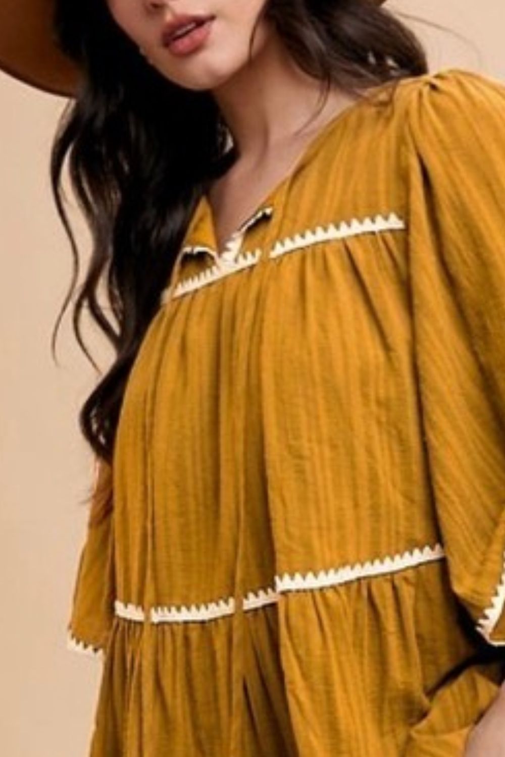 Tassel Contrast Trim Tie Neck Half Sleeve Tiered Dress For Women â€“ Bohemian Inspired Tiered Dress with Tassel Accents and Contrast Trim for a Playful Look - Salty Season LLC