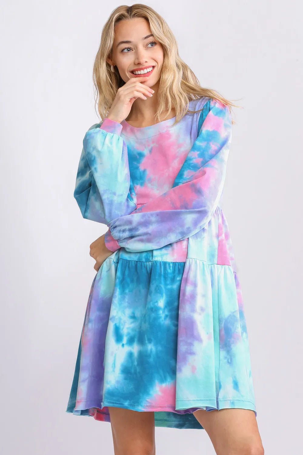 Umgee Full Size Tie Dye Round Neck Long Sleeve Babydoll Tiered Dress Plus Size - Salty Season LLC