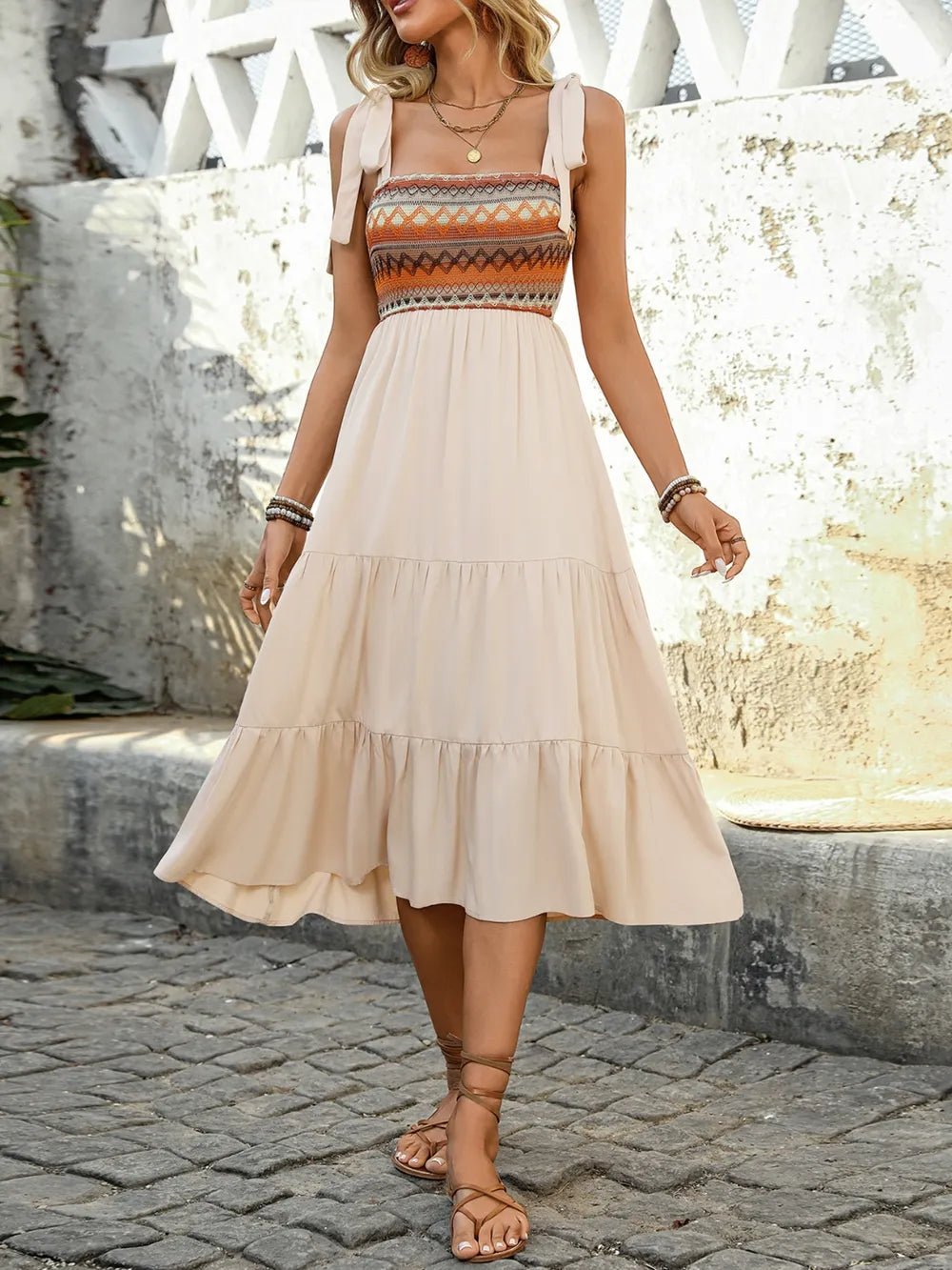 Tie Shoulder Square Neck Tiered Midi Dress - Salty Season LLC