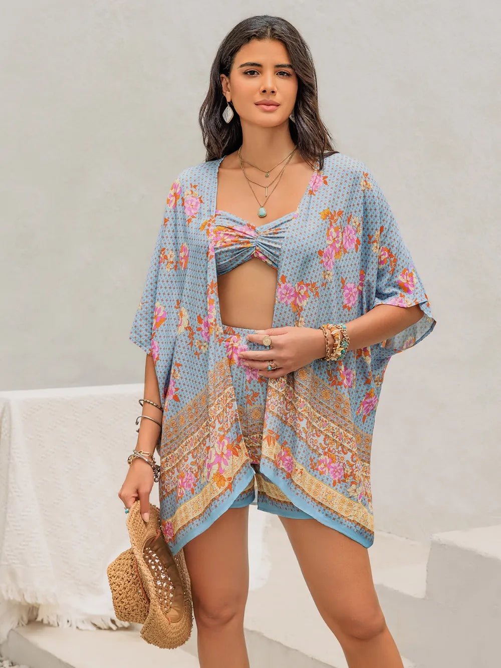 Printed Bra, Shorts and Cover Up Three-Piece Set - Salty Season LLC