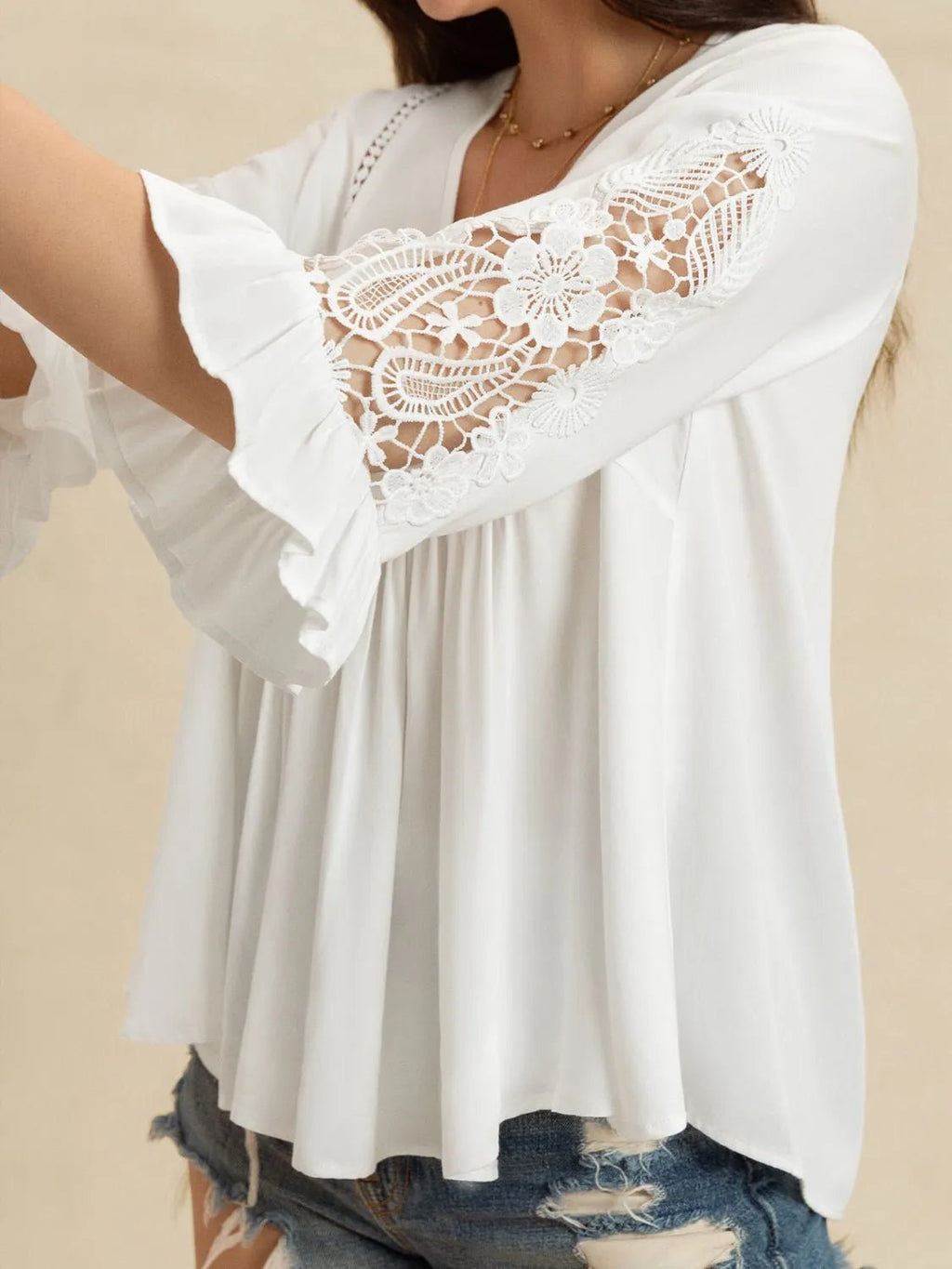 V-Neck Lace Flounce Sleeve Top - Salty Season LLC